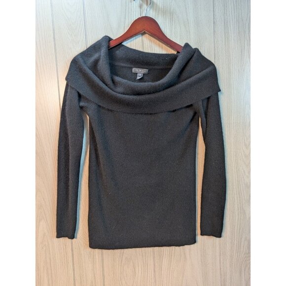 Saks Fifth Avenue Large Cashmere Sweater Tunic Cowl Neck Black Soft - Picture 1 of 7